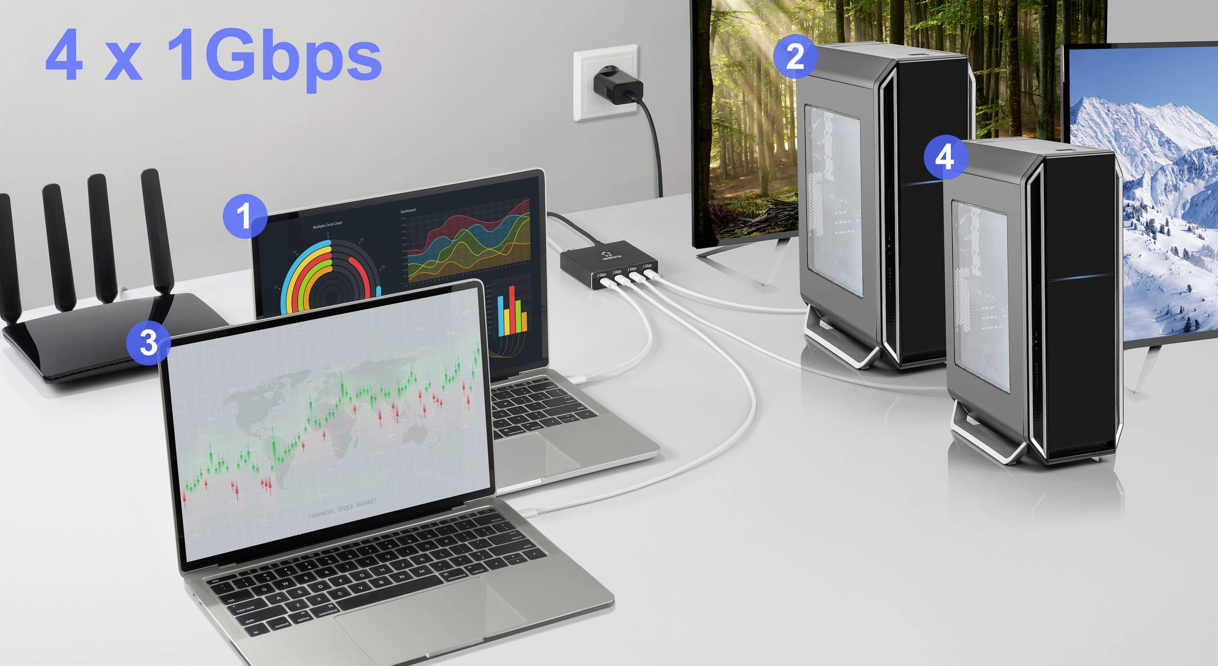Technické pracoviště s notebookem zobrazujícím graf, dvěma počítačovými věžemi, routerem a síťovým switchem propojenými kabely, zvýrazňující rychlost '4 x 1Gbps'.