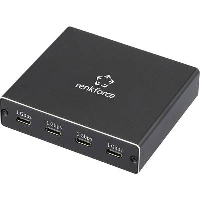Černý pravoúhlý rozbočovač značky Renkforce se čtyřmi USB-C porty označenými '1 Gbps' na jedné straně.