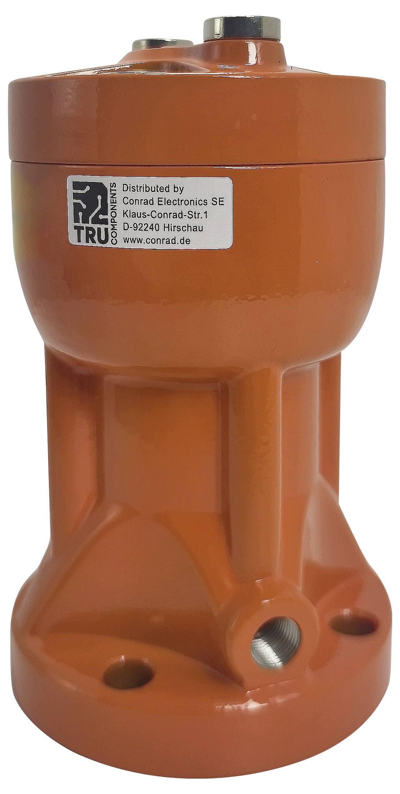 Oranžový kovový kryt ventilu s štítkem obsahujícím kontaktní údaje společnosti Conrad Electronics SE. Kryt má několik připojovacích bodů.
