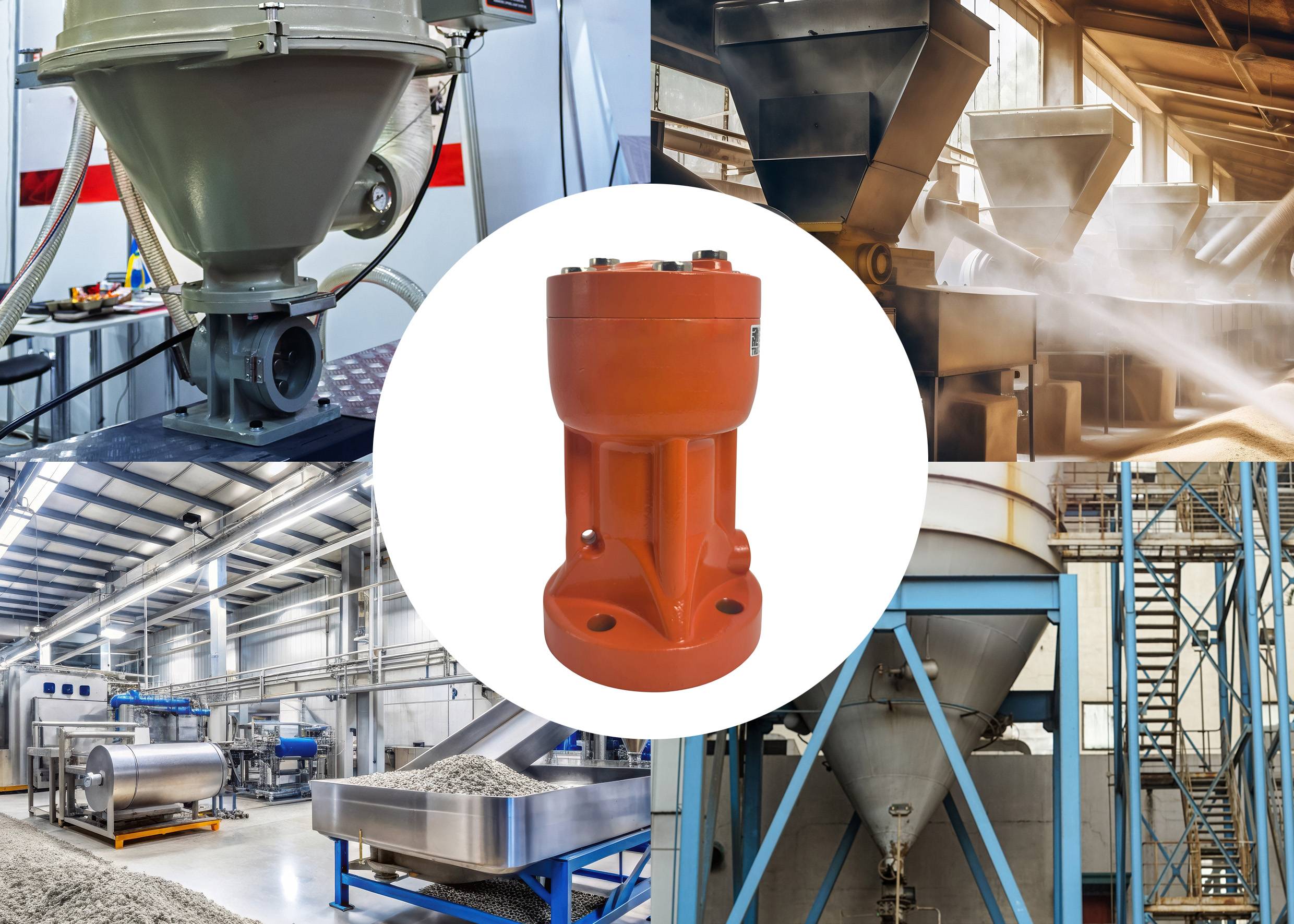 Průmyslová strojní koláž se zaměřením na oranžový hydraulický komponent, obklopený obrazy strojů a zpracovatelského zařízení v továrním prostředí.