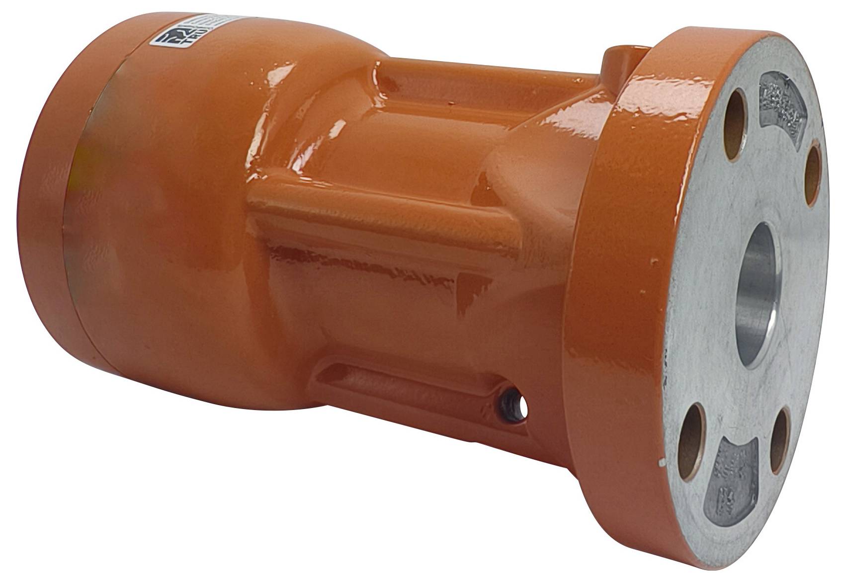 Oranžový mechanický kryt válcovitého tvaru s lemovanými konci, používaný v průmyslových aplikacích pro ochranu nebo montáž.