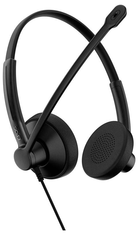 Černá náhlavní souprava s flexibilním výsuvným mikrofonem a polstrovanými náušníky, navržená pro pohodlnou audio komunikaci.