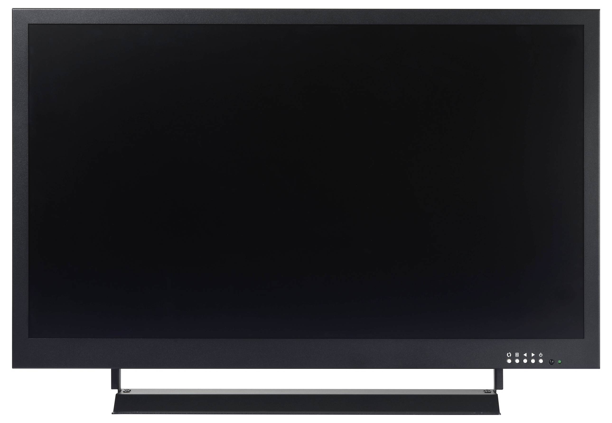 Černá plochá obrazovka TV je vystavena proti bílému pozadí, přičemž ukazuje svůj minimalistický design a hladký, lesklý povrch obrazovky.