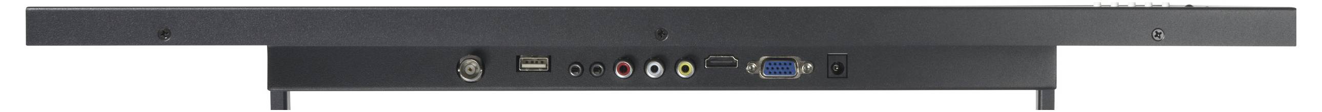 Pohled zezadu na elektronické zařízení zobrazující různé vstupní/výstupní porty včetně USB, audio a video připojení, který naznačuje možnosti připojení zařízení.