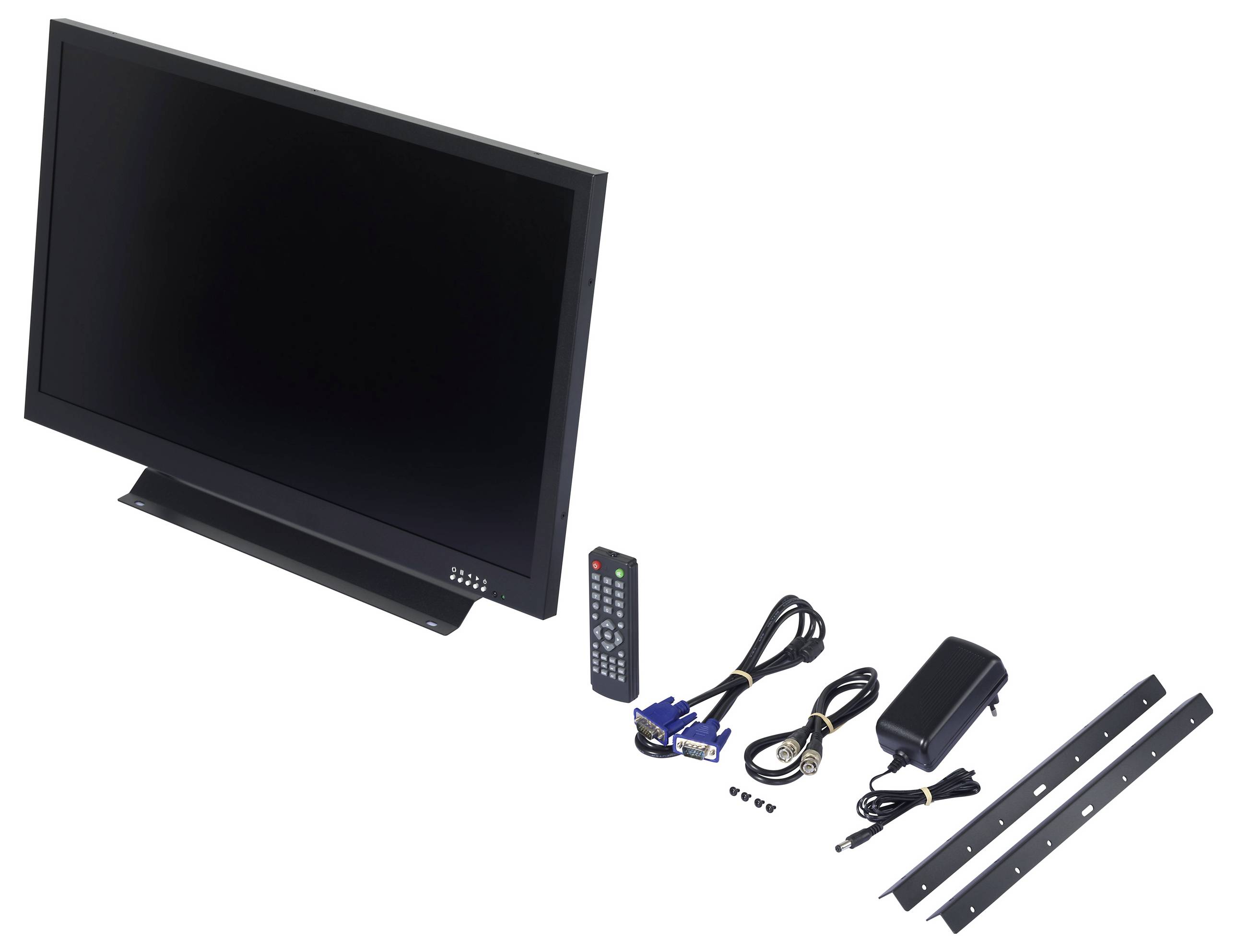 Monitor s plochou obrazovkou se svým příslušenstvím, včetně dálkového ovladače, kabelů, napájecího adaptéru a montážních úchytů.