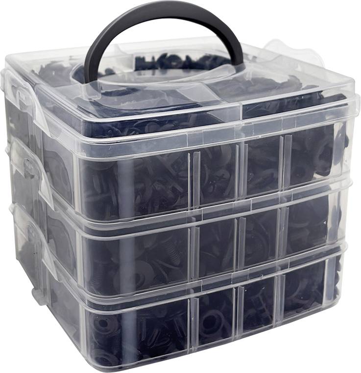 Průhledný, třístupňový plastový úložný box s černou rukojetí, naplněný různobarevnými tmavými upevňovacími prvky.