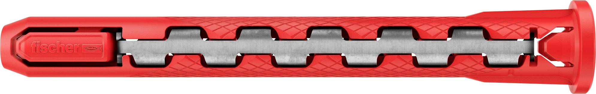 Červená hmoždinká s žebrovaným, segmentovaným designem pro bezpečné ukotvení. Má rozšířený konec pro snadnou instalaci a lepší uchycení.