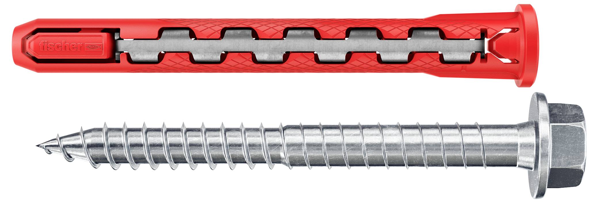 Červený plastový hmoždinový hřeb nad kovovým šroubem, oba zobrazené v detailu.