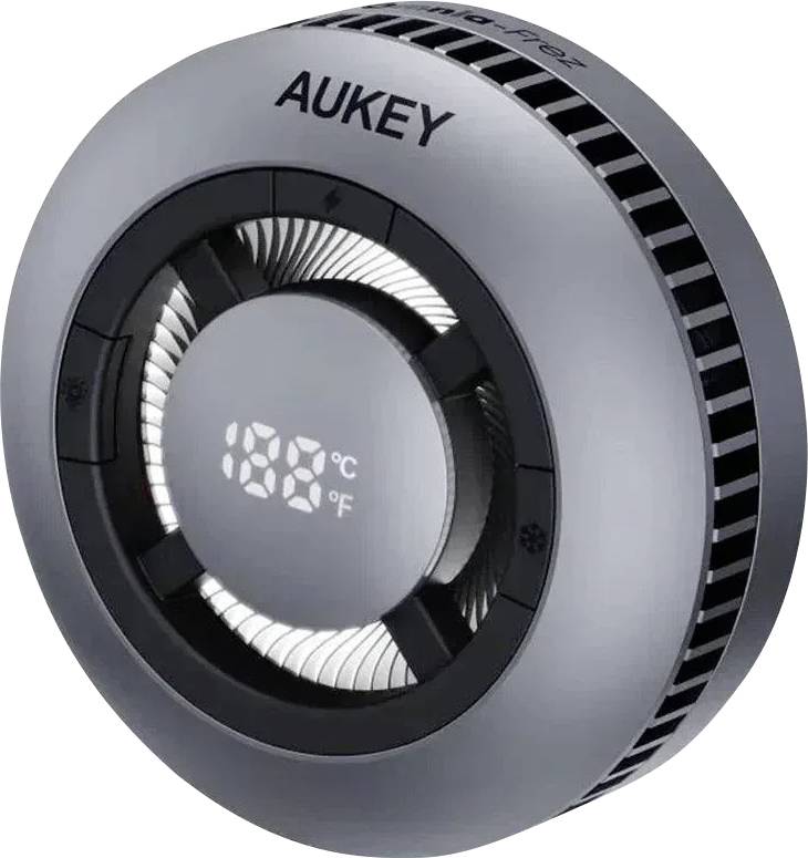 Digitální vůně do auta značky AUKEY zobrazující teplotu '18°C/64°F', s viditelnými ventilačními otvory.