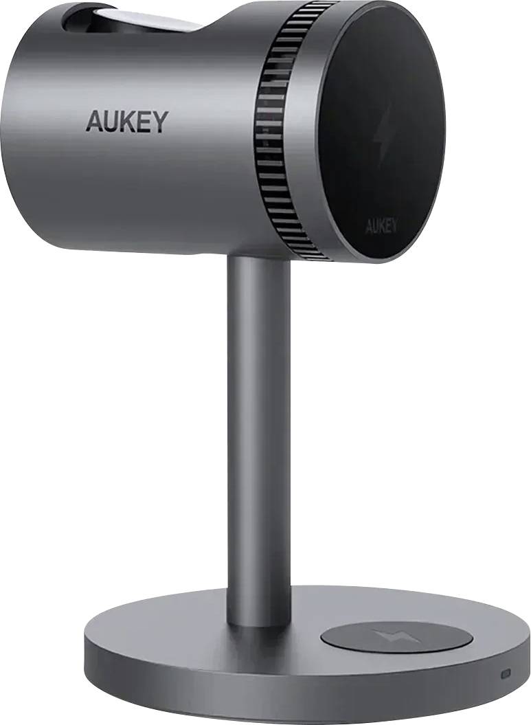 Elegantní, moderní černý bezdrátový nabíjecí stojan značky 'AUKEY' s bočním nápisem, s kulatou základnou a vertikálním designem.