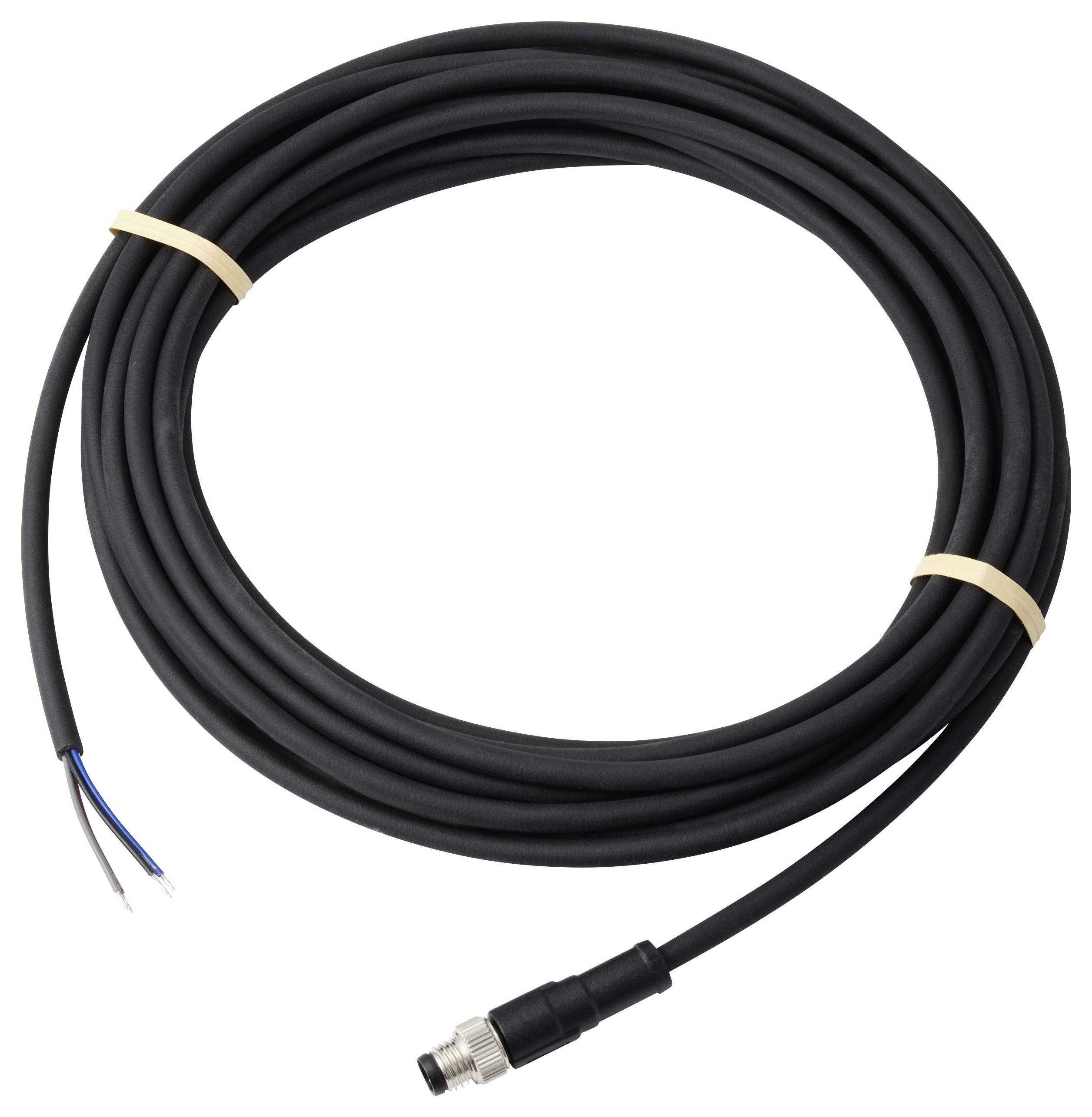 Stočený černý kabel s konektorem na jednom konci a obnaženými vodiči na straně druhé, zajištěný gumovými pásky.