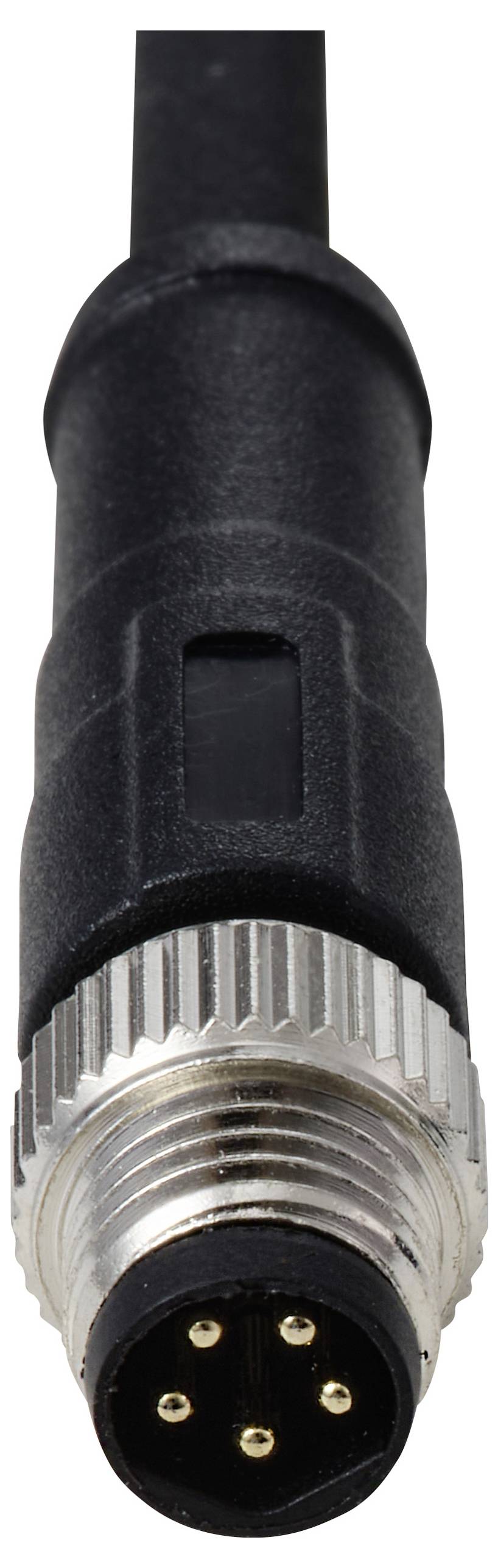Černý a stříbrný vícekolíkový samčí konektor s bezpečným zajišťovacím mechanismem.