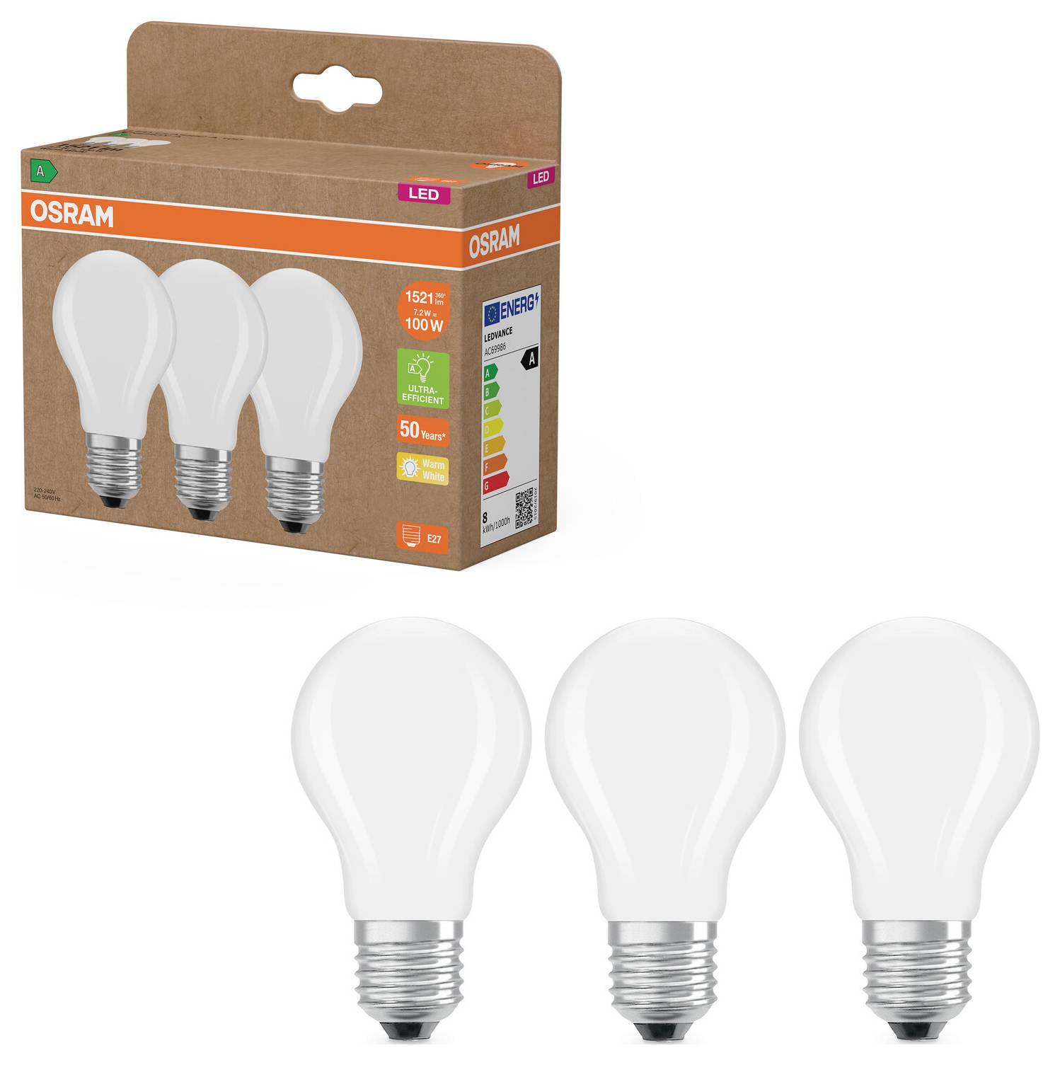 OSRAM HOMELIGHTING 4099854348051 LED Energetická třída (EEK2021) A (A - G) E27 7.2 W teplá bílá 3 ks-1