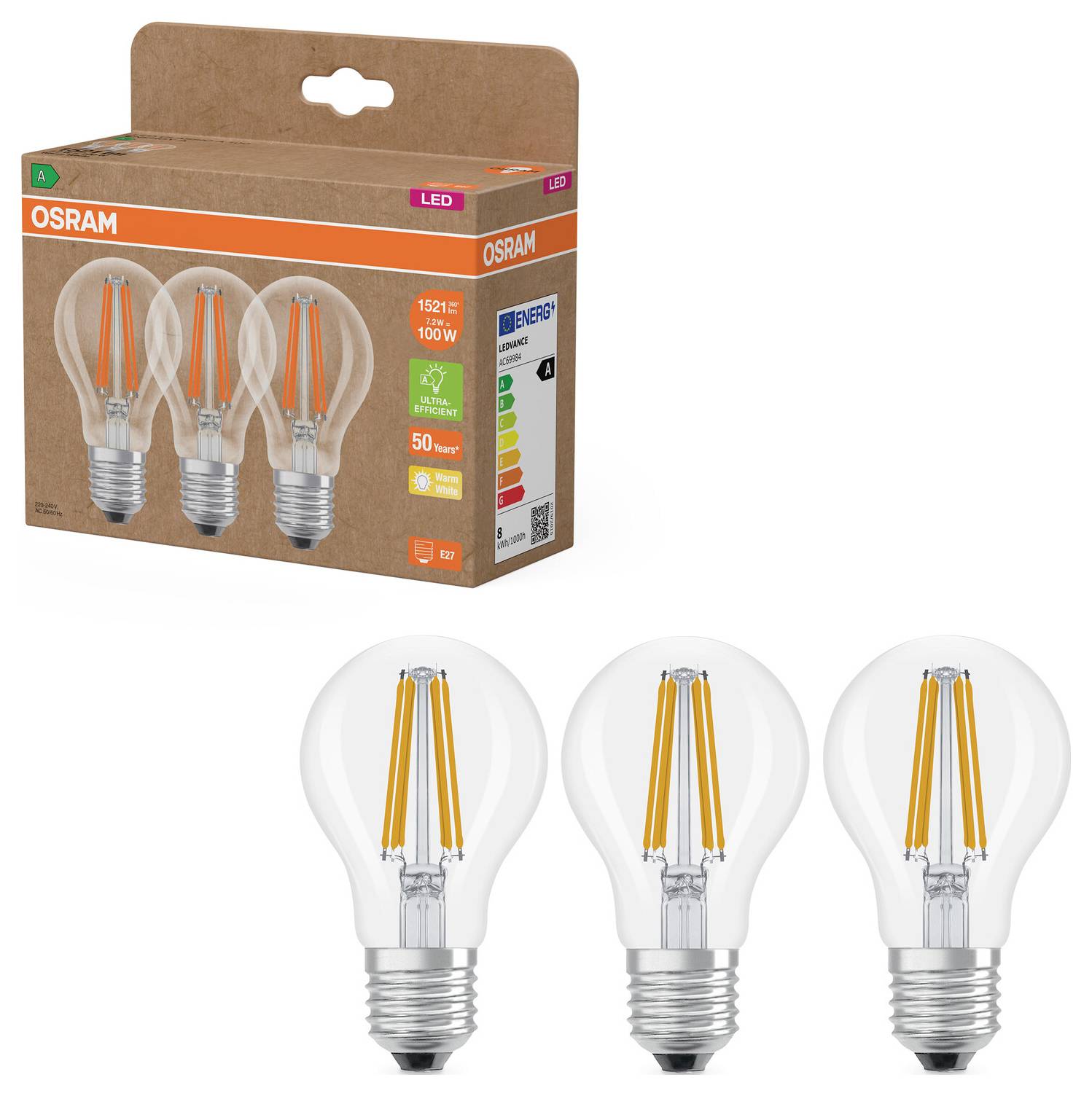OSRAM HOMELIGHTING 4099854348037 LED Energetická třída (EEK2021) A (A - G) E27 7.2 W teplá bílá 3 ks-1