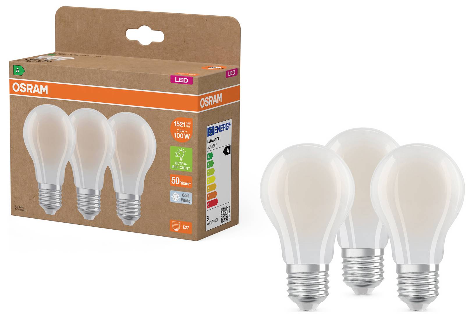 OSRAM HOMELIGHTING 4099854348099 LED Energetická třída (EEK2021) A (A - G) E27 7.2 W studená bílá 3 ks-1