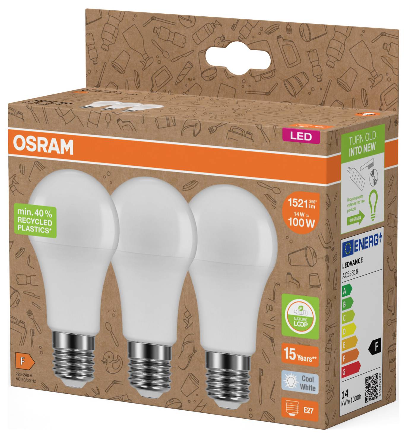 Balení LED žárovek OSRAM se třemi žárovkami, popisovány jako 14 W ekvivalent 100 W, 1521 lm, E27, studená bílá barva a životnost 15 let.