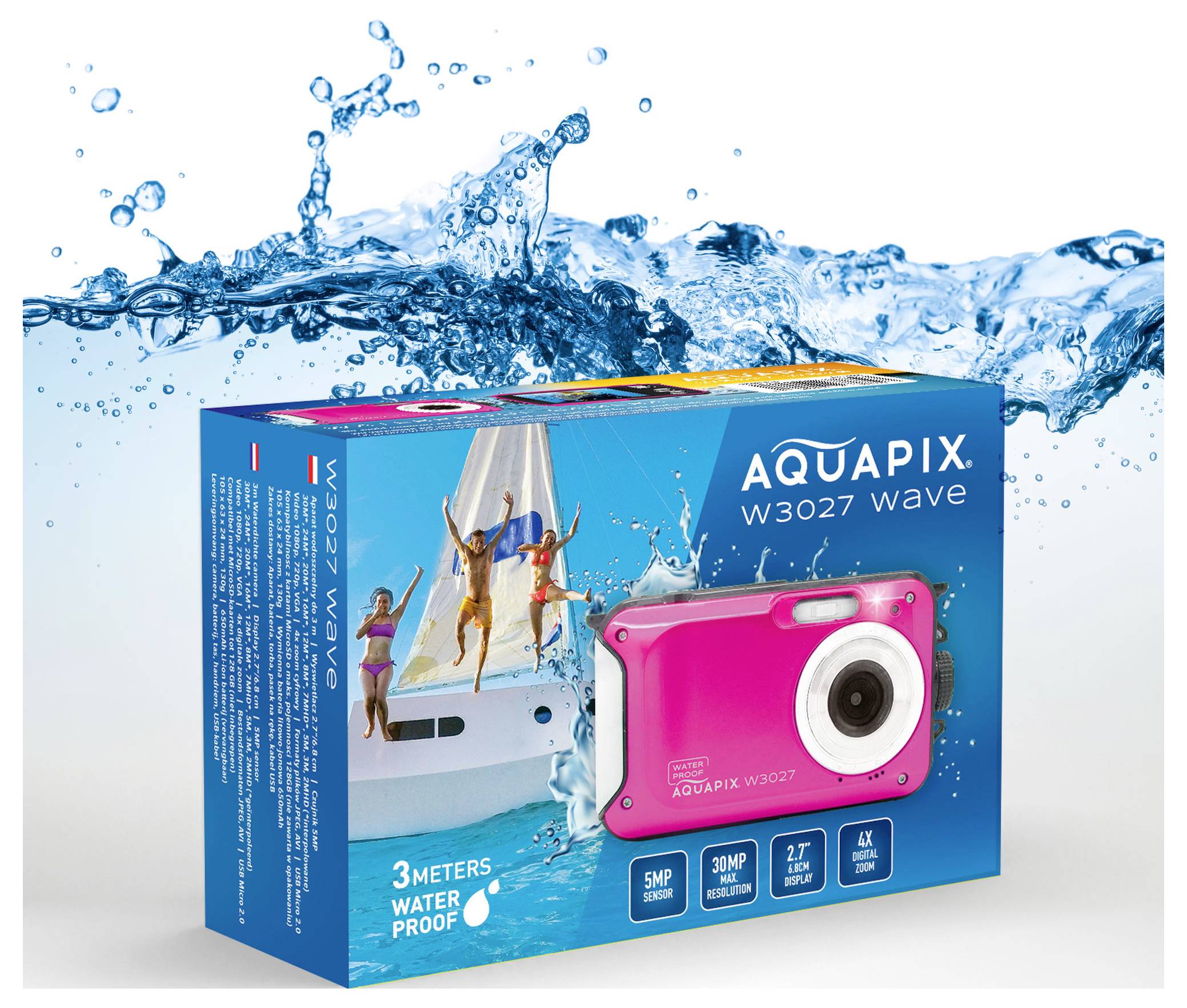 Easypix W3027-P Wave PINK digitální fotoaparát 30 Megapixel růžová brašna, akumulátor stabilizace obrazu, vodotěsný do 3-4