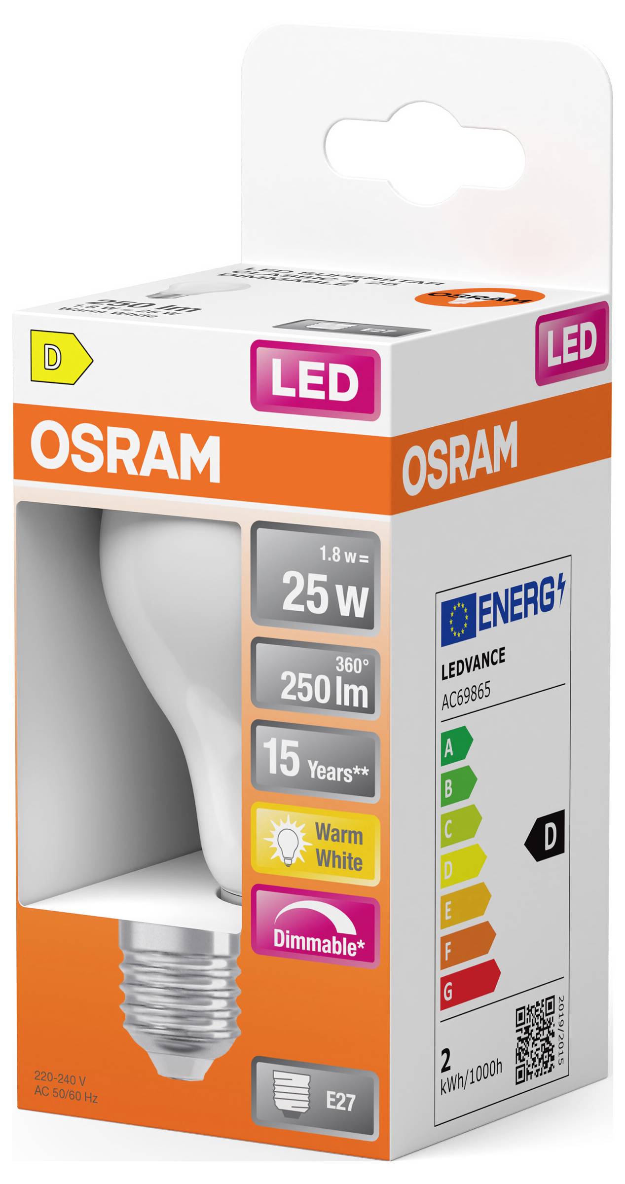 OSRAM HOMELIGHTING 4099854443787 LED Energetická třída (EEK2021) D (A - G) E27 1.8 W teplá bílá (Ø x v) 60.00 mm x 60.00-2