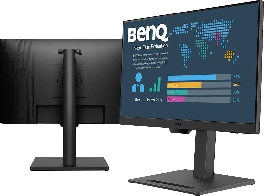 Zpráva na monitoru zobrazuje 'Vyhodnocení BenQ pro příští rok' s mapou světa a sloupcovým grafem znázorňujícím značky a jejich tržní podíly.