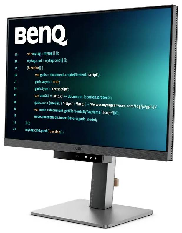 Počítačový monitor zobrazující úryvek kódu na obrazovce BenQ, který zvýrazňuje funkci skriptovacích značek v kontextu JavaScriptu.