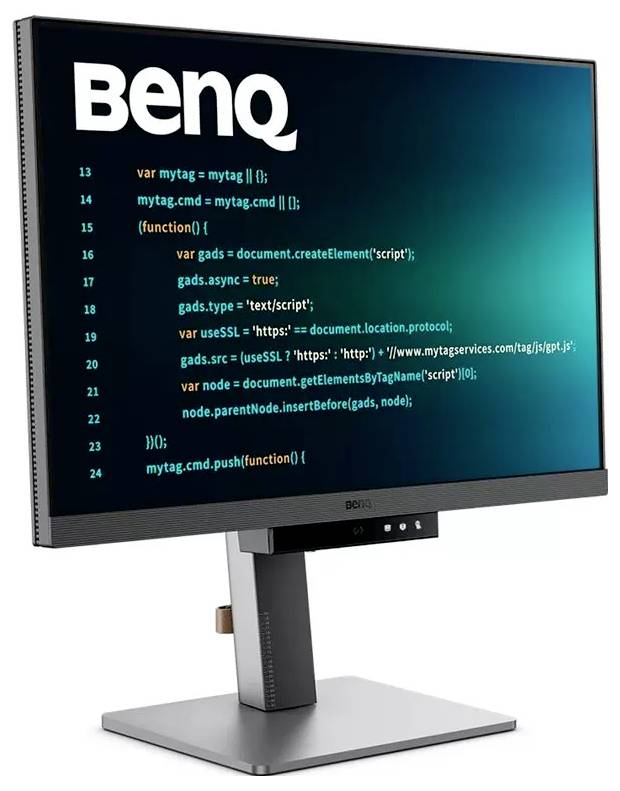 Počítačový monitor BenQ zobrazující úryvek kódu pro správu reklamních tagů, včetně příkazů JavaScript a zdrojů skriptů.