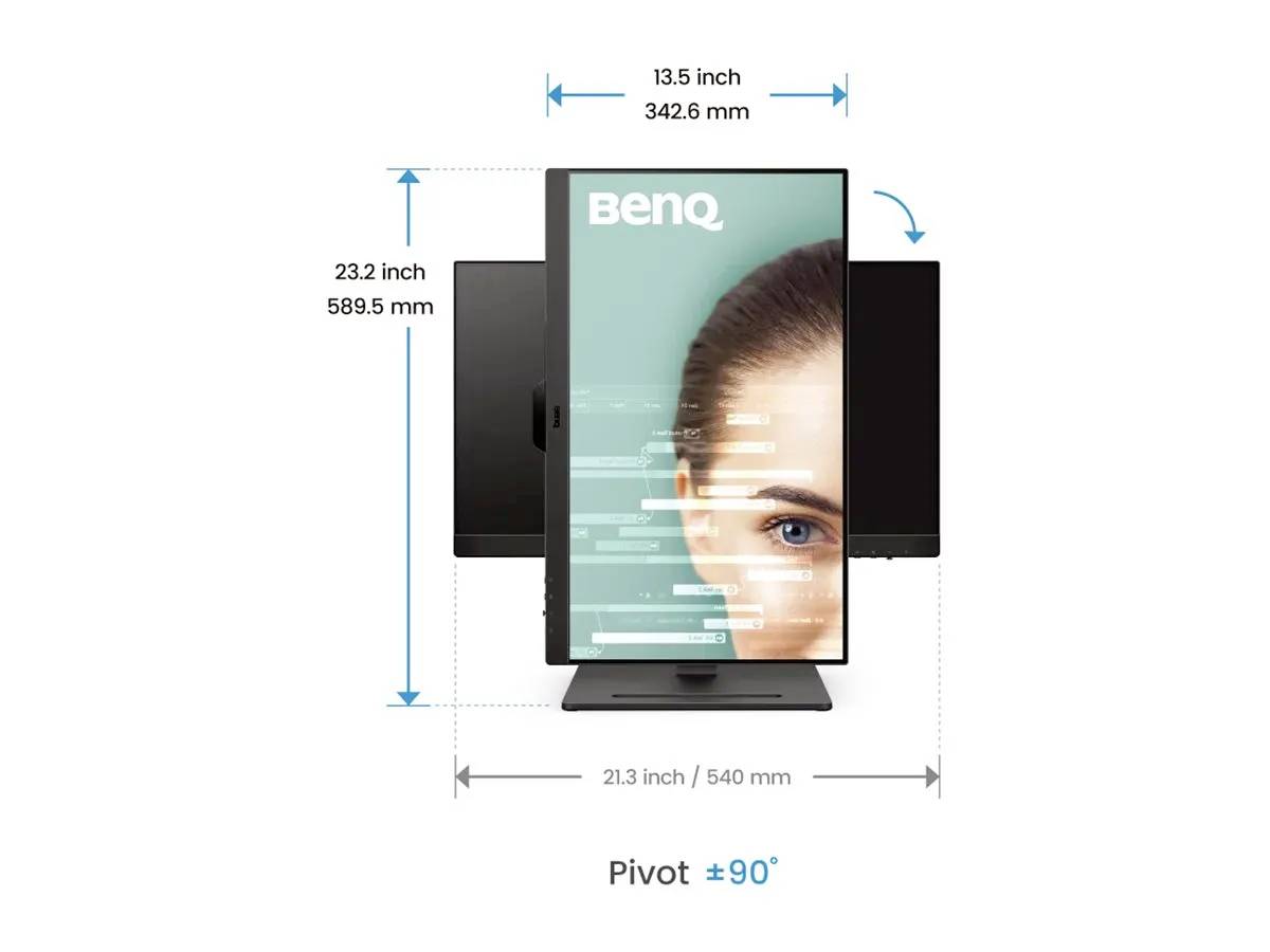 Monitor BenQ zobrazený na výšku s rozměry: 13,5 x 23,2 palce. Otáčí se o 90 stupňů.