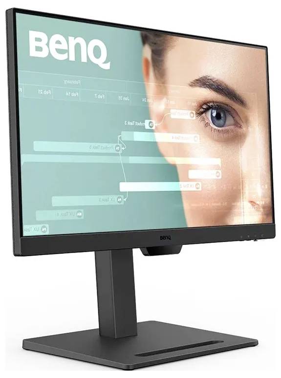 Monitor počítače BenQ zobrazující detailní záběr ženské tváře s digitálními rozhraním prvky překrytými na obrazovce, což naznačuje technologické zaměření.