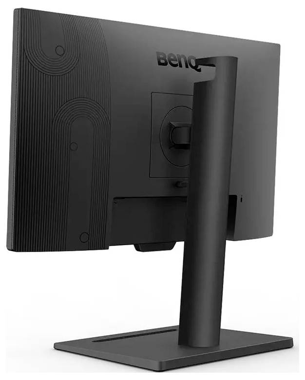 Boční pohled na počítačový monitor BenQ s nastavitelným stojanem. Zadní strana monitoru je zdobena texturovaným vzorem a logem značky.