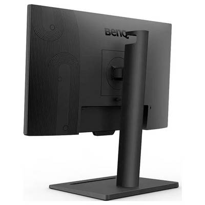 Boční pohled na počítačový monitor BenQ s nastavitelným stojanem. Zadní strana monitoru je zdobena texturovaným vzorem a logem značky.