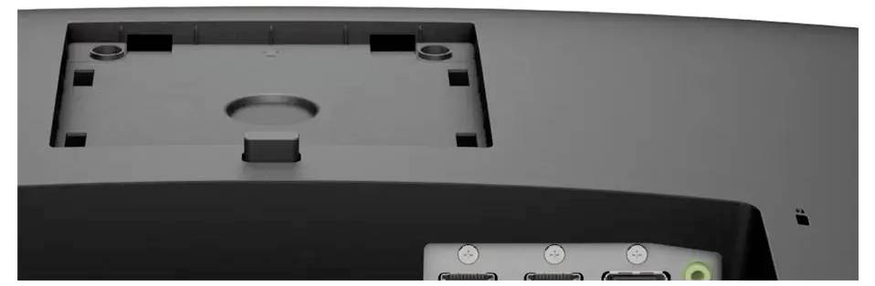 Zadní pohled na monitor zobrazující několik vstupních portů, včetně tří portů HDMI a jednoho DisplayPort, s viditelnou oblastí pro montážní konzoli.