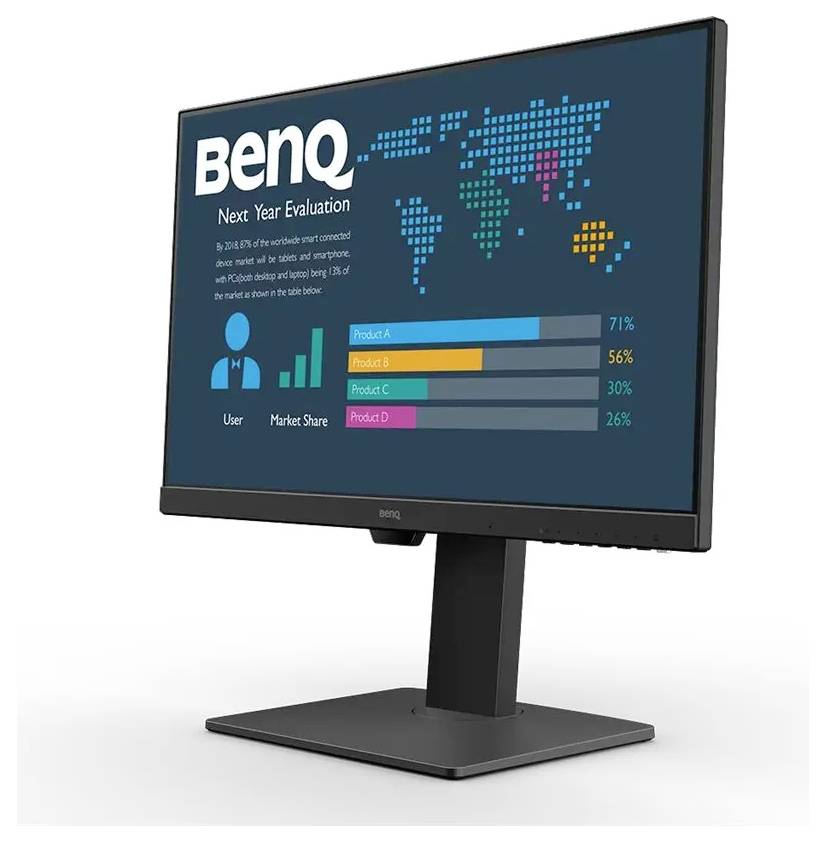 "Vyhodnocení příštího roku" na monitoru; data ukazují tržní podíl uživatelů produktů: Produkt A 71 %, Produkt B 56 %, Produkt C 30 %, Produkt D 26 %.