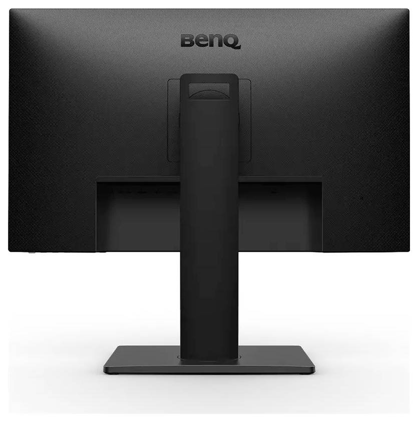 Obrázek ukazuje pohled zezadu na černý monitor BenQ umístěný na stojanu s obdélníkovým podstavcem.