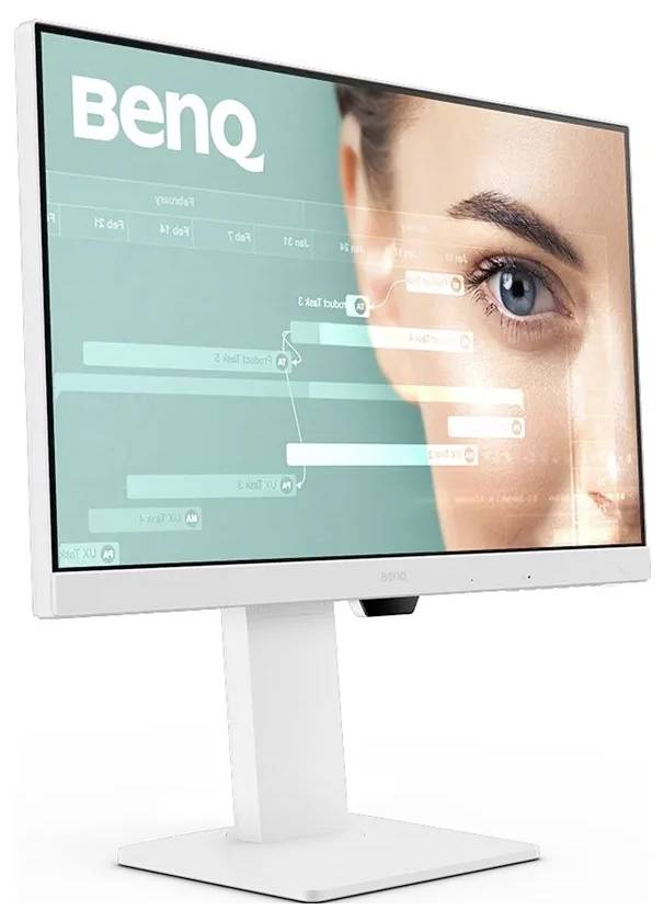 Detailní záběr počítačového monitoru BenQ, který zobrazuje digitální obrázek s obličejem ženy a různými překryvnými prvky na tyrkysovém pozadí.