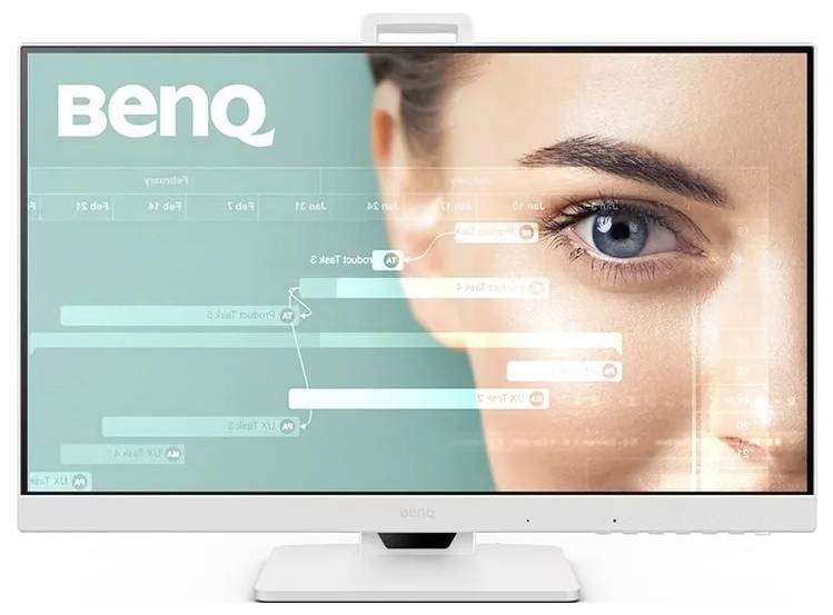 Monitor počítače zobrazující velký obraz ženského oka s překrytým projektovým harmonogramem. Na obrazovce je viditelné firemní logo 'BenQ'.