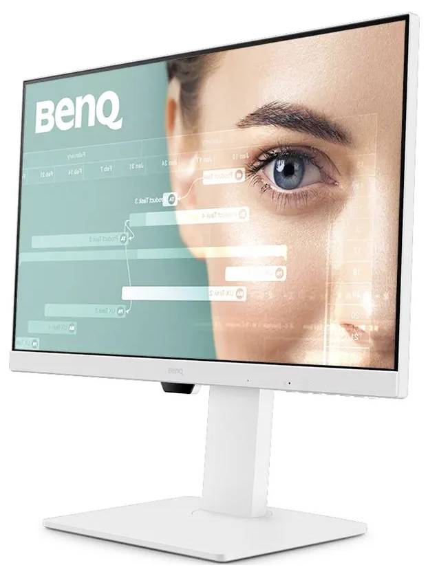 Bílý monitor BenQ zobrazuje ženské oko vedle projektové časové osy s pruhy a mezníky, což ilustruje produktivní funkce.