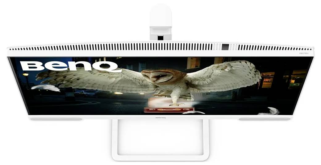 Širokoúhlý monitor BenQ zobrazuje sovu v letu, s roztaženými křídly, na tmavém pozadí. Název značky 'BenQ' je viditelný.