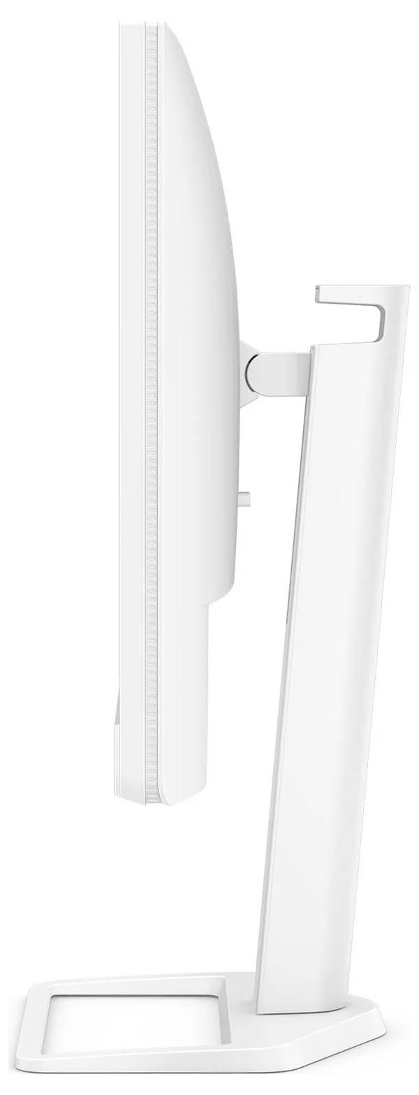 Boční pohled na bílý počítačový monitor na stojanu, který demonstruje jeho štíhlý profil a ergonomické nastavitelné funkce.