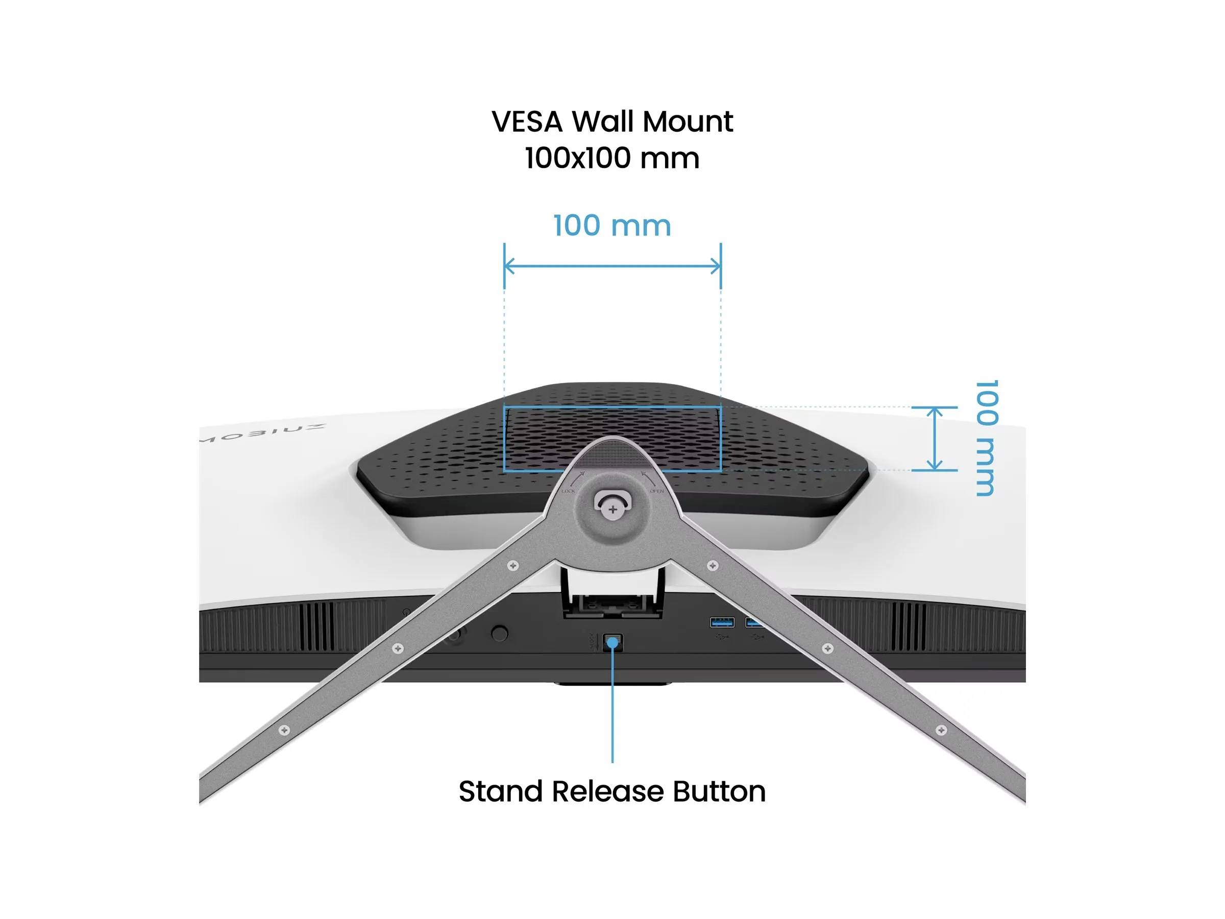 Obrázek zadní části monitoru zobrazující konfiguraci nástěnného držáku VESA se standardními rozměry 100x100 mm. Včetně tlačítka pro uvolnění stojanu.