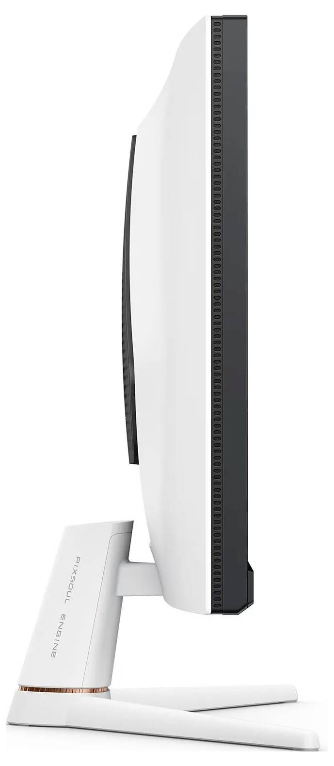 Boční pohled na štíhlý počítačový monitor s robustním stojanem, zdůrazňující jeho elegantní design a tenký profil.