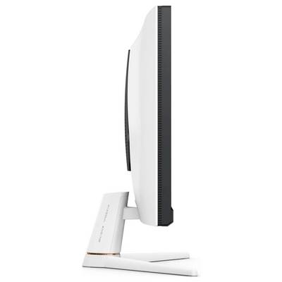 Boční pohled na štíhlý počítačový monitor s robustním stojanem, zdůrazňující jeho elegantní design a tenký profil.