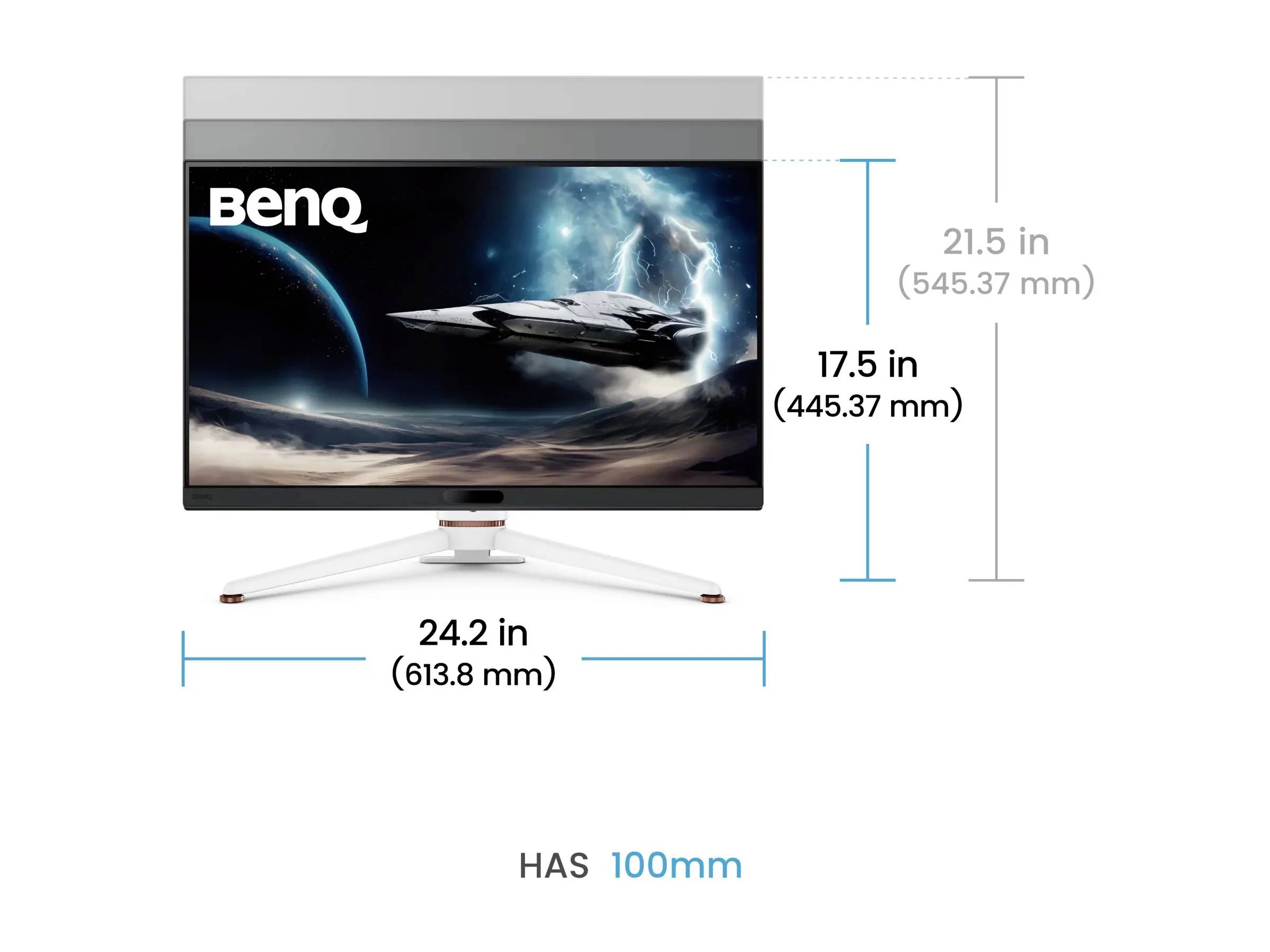 Monitor BenQ s rozměry: šířka 24,2 palce (613,8 mm), výška 17,5 palce (445,37 mm) a celková výška 21,5 palce (545,37 mm) včetně stojanu.