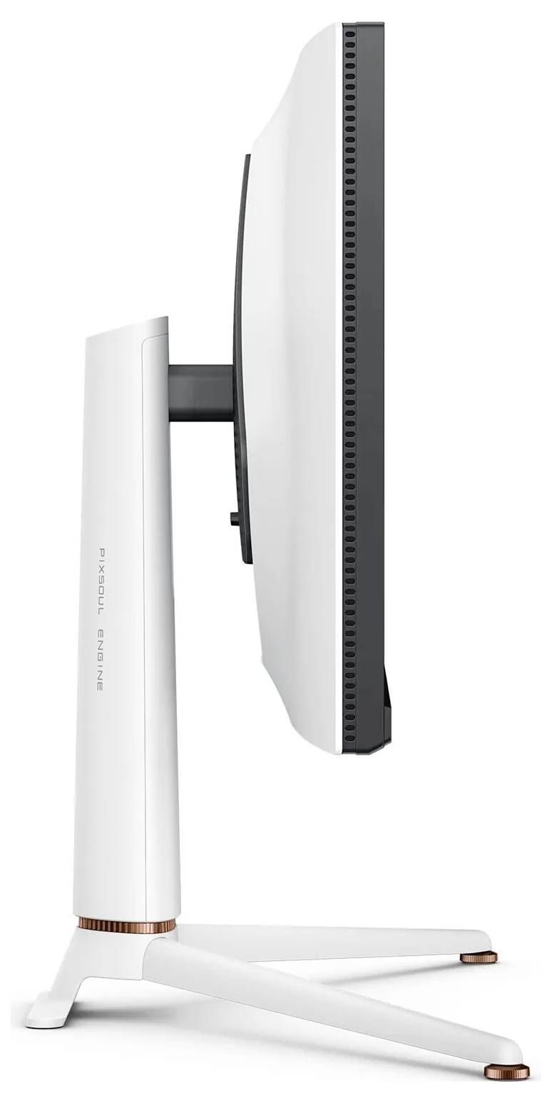 Boční pohled na elegantní, moderní počítačový monitor s tenkým rámečkem a nastavitelným stojanem, zdůrazňující elegantní, minimalistický design.