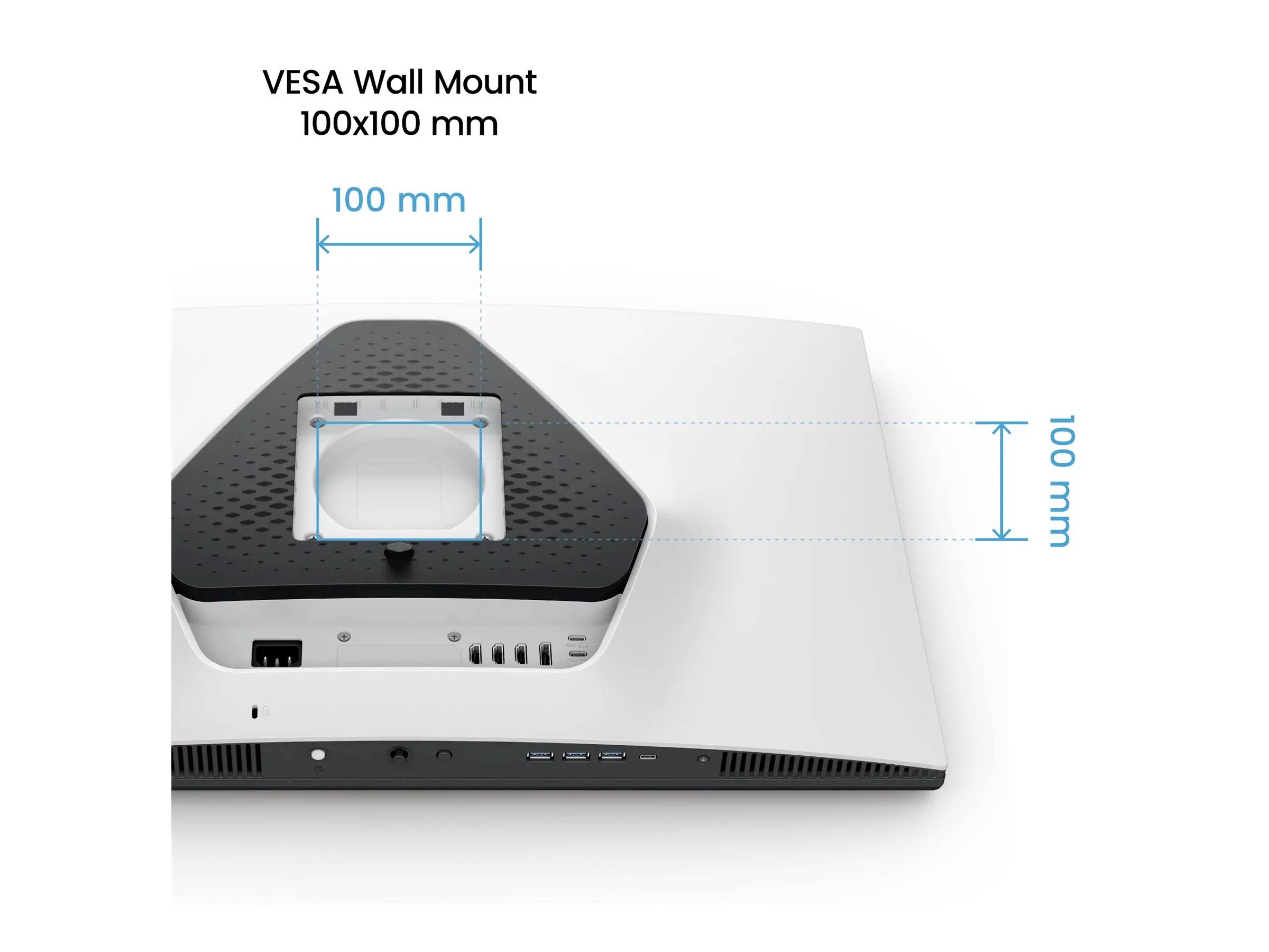 Pohled zezadu na monitor zobrazující montážní držák VESA se zakótovanými rozměry 100x100 mm, který znázorňuje prostor pro uchycení.