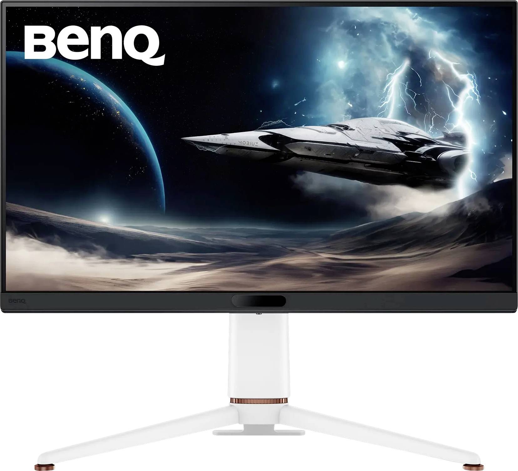 Monitor BenQ zobrazuje sci-fi scénu s vesmírnou lodí letící nad povrchem planety, s blesky a vzdálenou modrou planetou v pozadí.