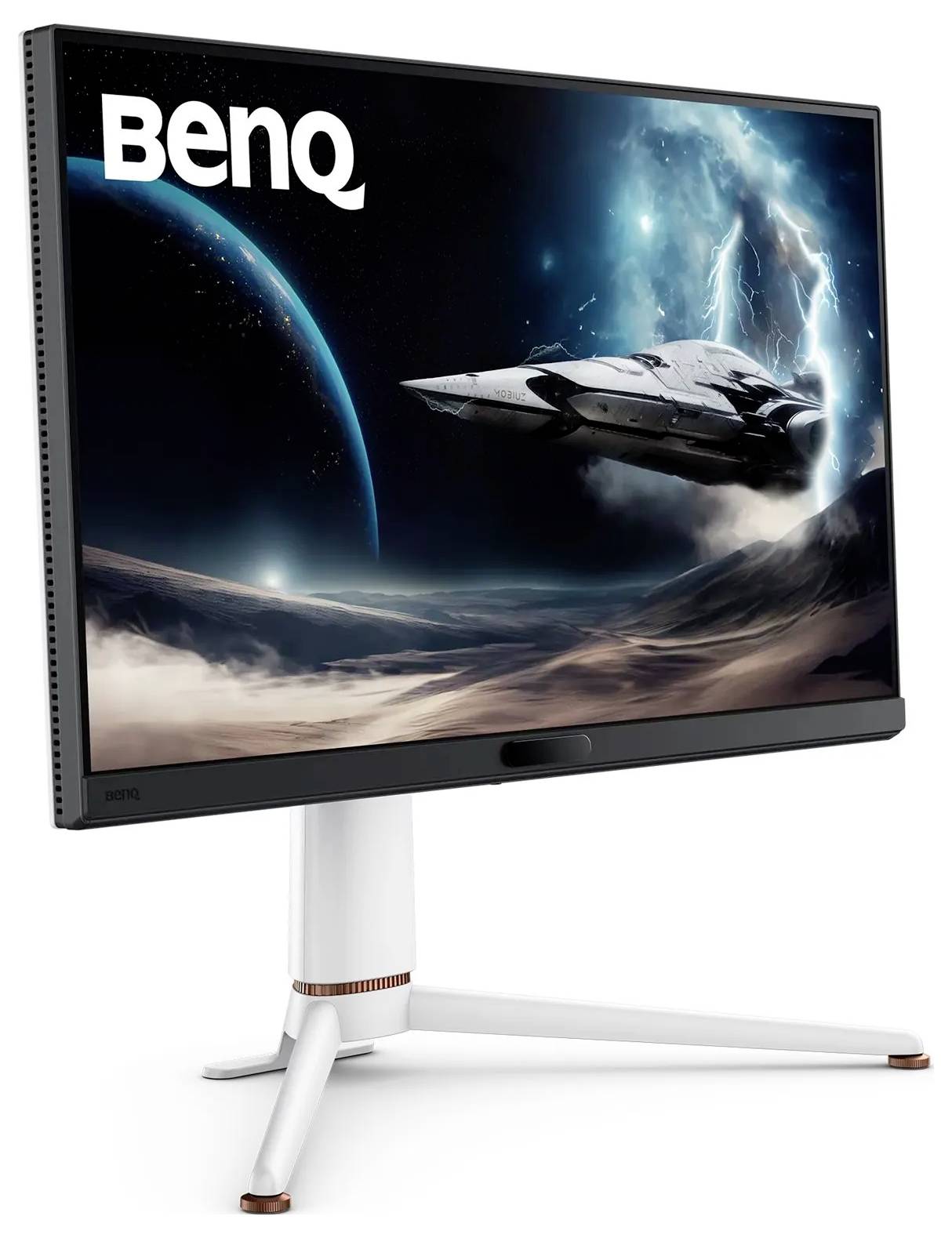 Monitor BenQ na stojanu zobrazující futuristický vesmírný výjev s vesmírnou lodí a planetami.