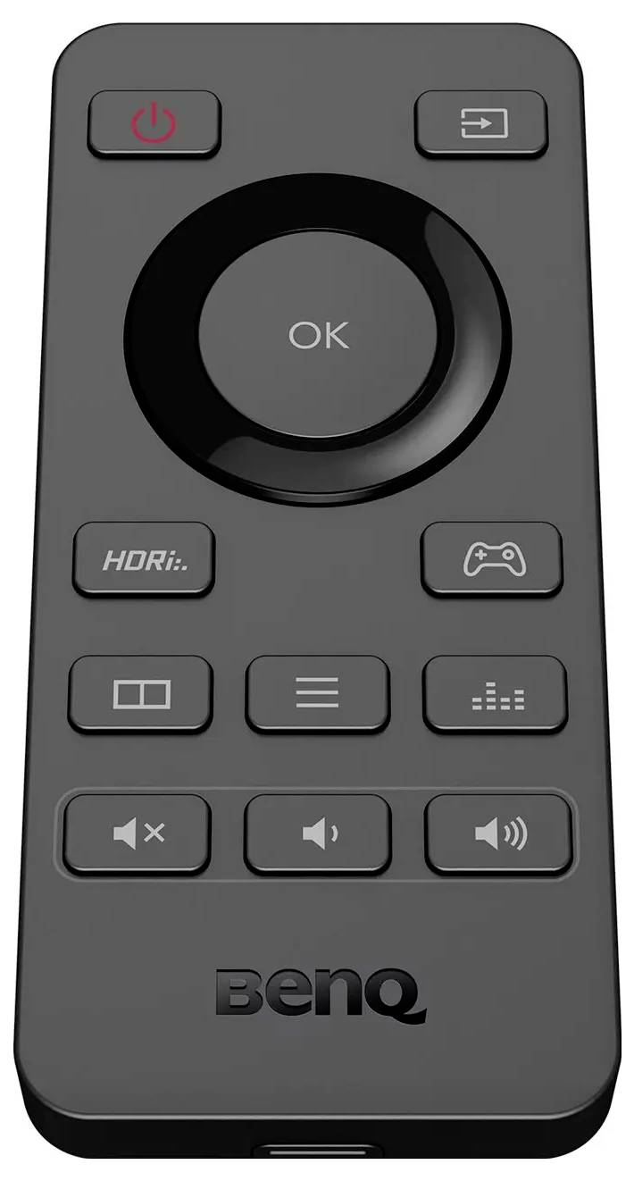Černý dálkový ovladač BenQ s tlačítky pro zapnutí/vypnutí, HDRi, herní režim, ovládání hlasitosti a navigaci v menu.
