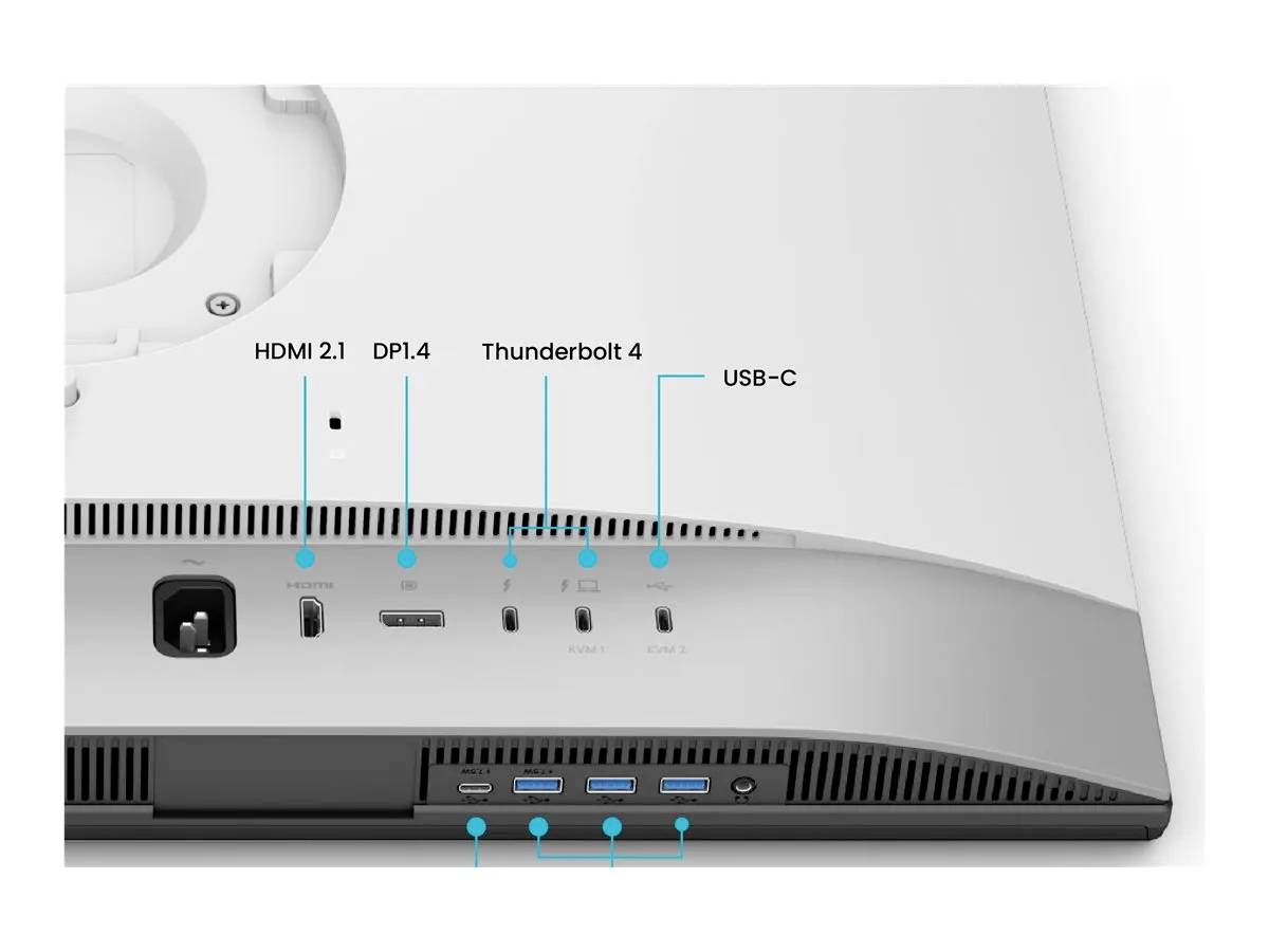 Zadní strana monitoru ukazující porty: HDMI 2.1, DP1.4, Thunderbolt 4 a USB-C. Modré štítky označují typ každého portu.