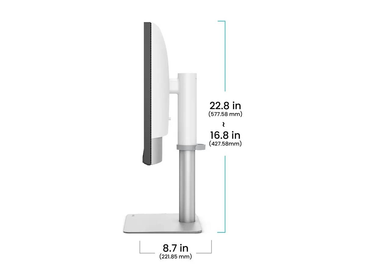 Boční pohled počítačového monitoru na stojanu s vyznačenými rozměry: výška 22,8 palce (577,85 mm), hloubka 8,7 palce (221,85 mm).