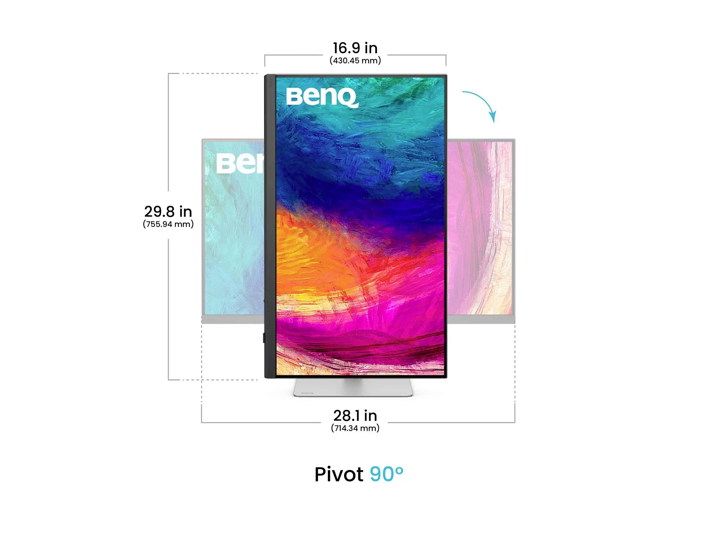 Monitor BenQ otočený o 90 stupňů, rozměry: 16,9 palce široký, 28,1 palce vysoký, 29,8 palce hluboký. Živý barevný displej.
