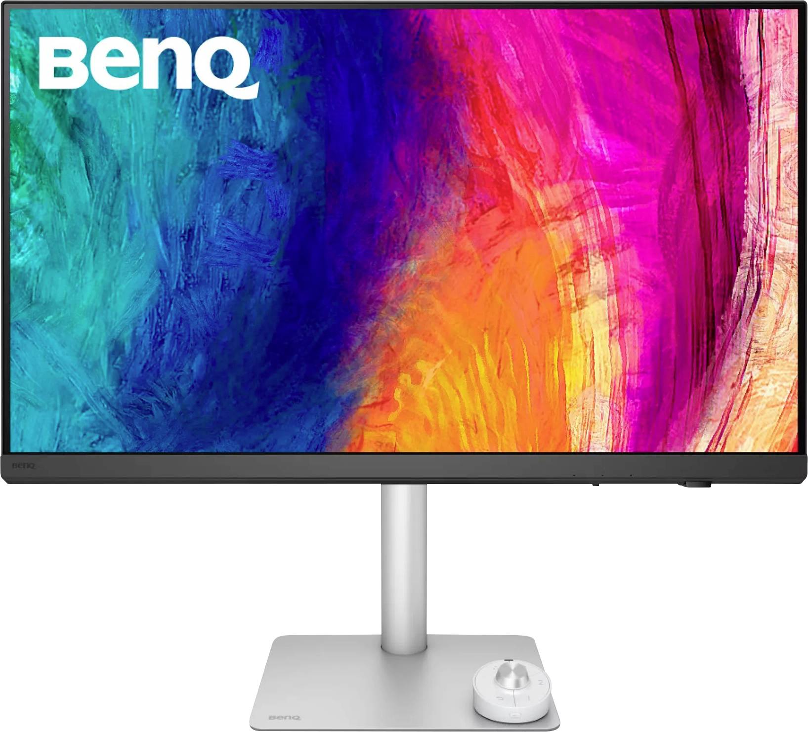 Monitor BenQ zobrazující živý abstraktní design s víry modrých, růžových, oranžových a červených barev.